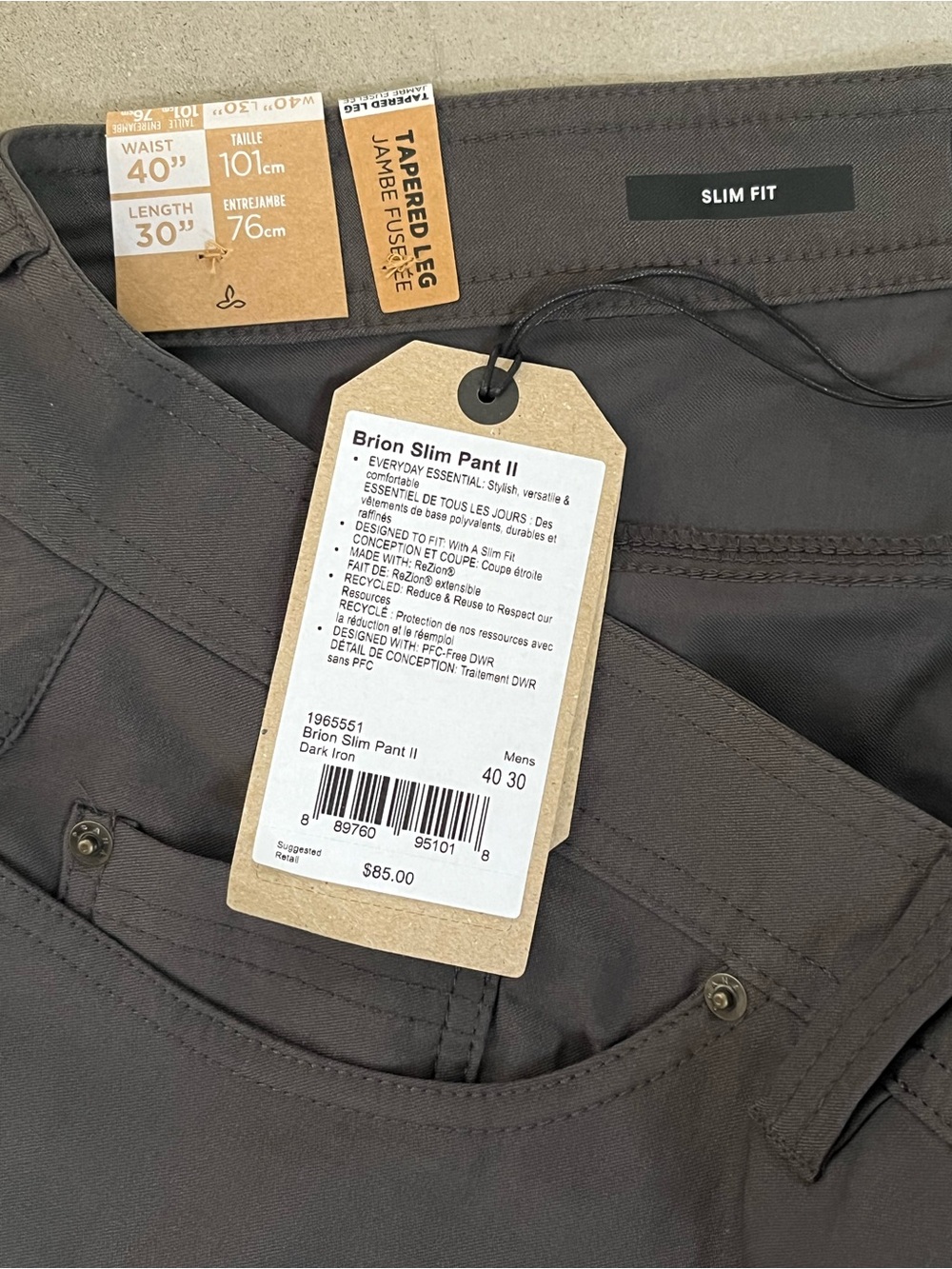 prAna Brion Slim Pant II Men's 40x30 Dark Iron Grey ReZion Stretch Hiking NWT - Picture 5 of 9